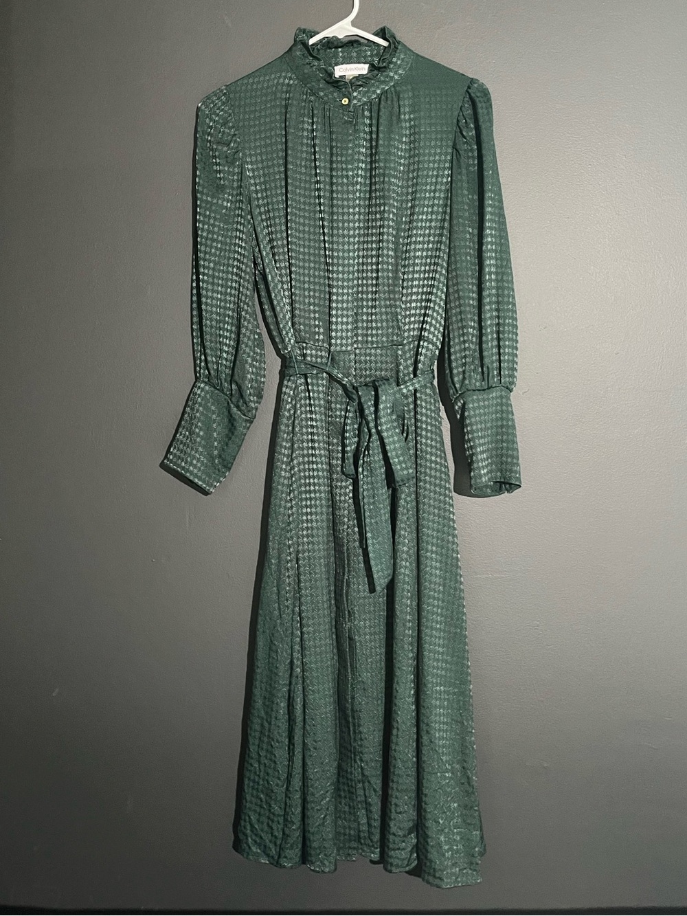 Calvin Klein Green Houndstooth Victorian Puff Sleeve Midi Dress Size 8